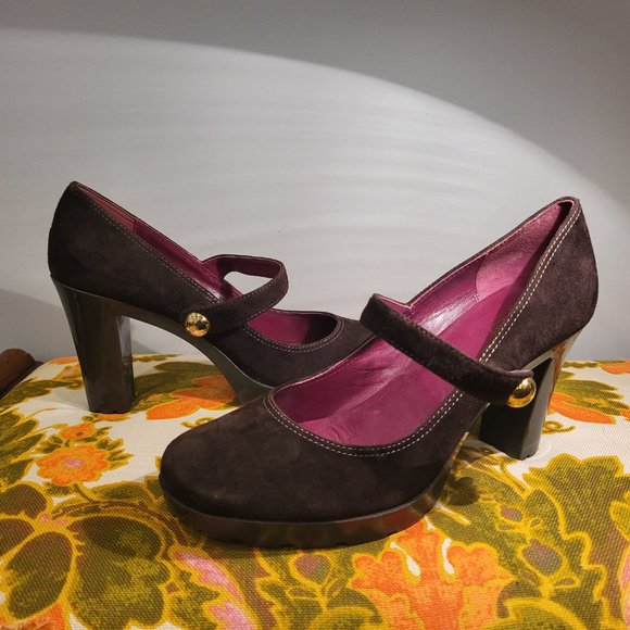 Coach Shoes Brown Suede Mary Jane Heels Platform Unique - Picture 4 of 12